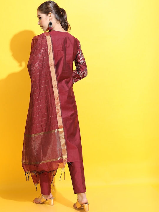 Vishudh Women Red Floral Kurta with Trousers & With Dupatta
