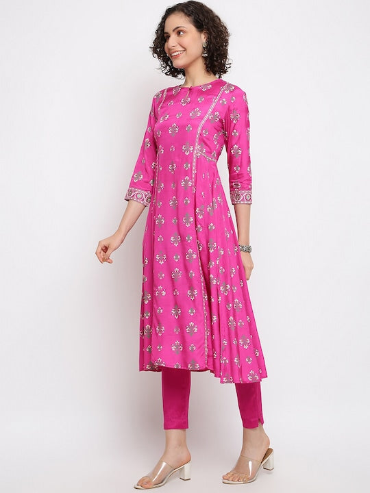 IMARA Floral Printed Anarkali Kurta with Churidar & Dupatta