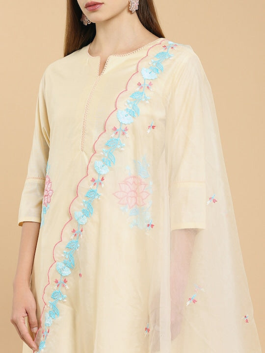 Soch Women Beige & Blue Floral Embroidered Chanderi Kurta with Trousers & With Dupatta - L