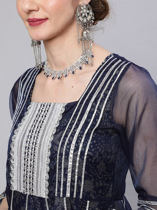 AKS Couture Floral Printed Square Neck Gotta Patti Pure Cotton Kurta with Sharara