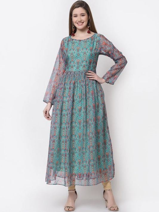 Myshka Turquoise Blue Ethnic Motifs Organic Cotton Ethnic Maxi Dress