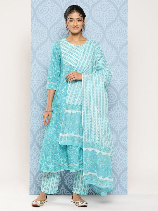 Yufta Women Blue Floral Embroidered Regular Sequinned Pure Cotton Kurta with Trousers & With Dupatta