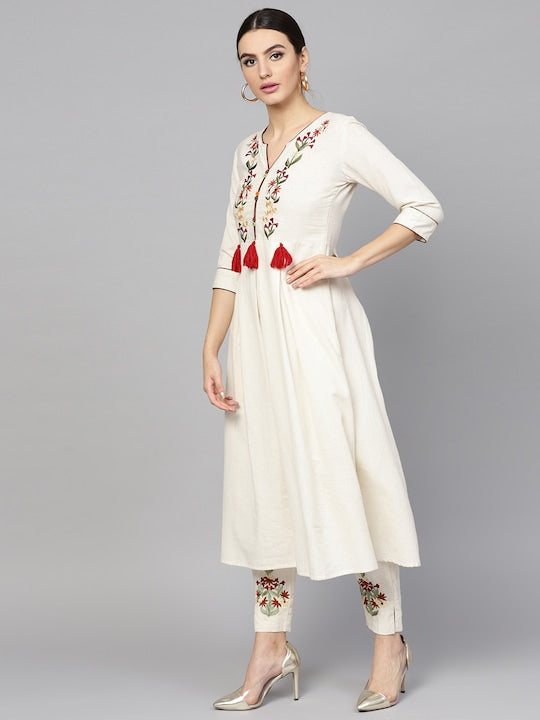 Yufta Women Off-White & Maroon Embroidered Kurta with Trousers