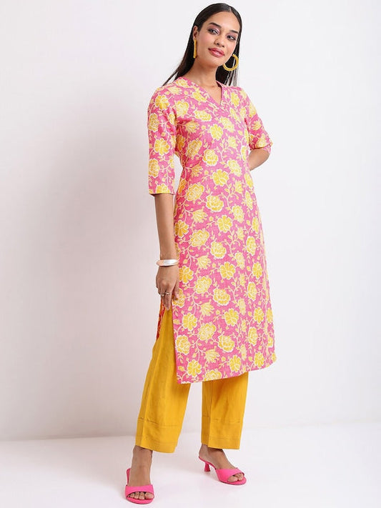 Vishudh Pink & Yellow Floral Printed Sequinned Kurta