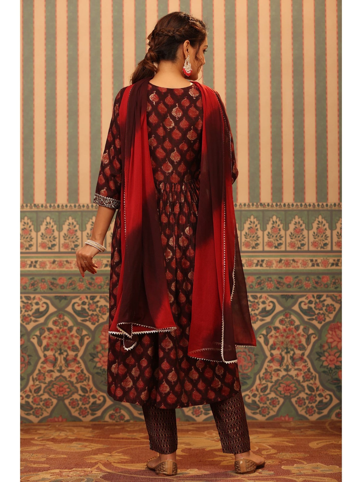 PIROH Womens Butta Foil Print Nayra Cut Modal Kurta Trouser & Naznin Dupatta Wine (Set of 3)