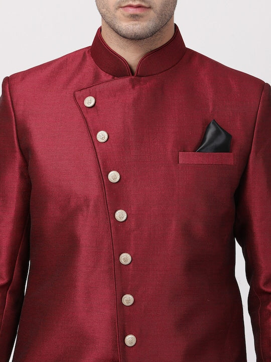 Vastramay Men Maroon Self-Design Sherwani Set