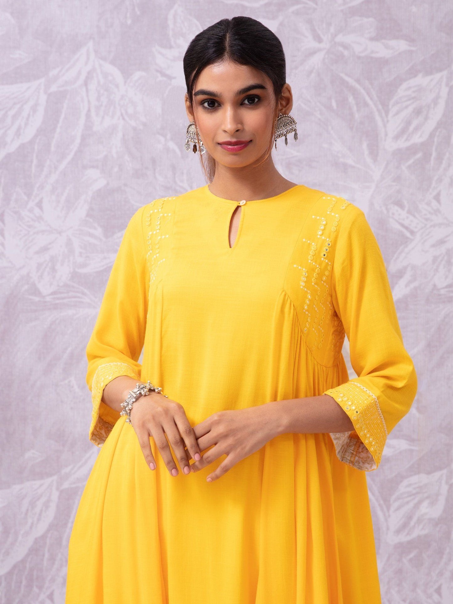 Likha Rangat Yellow Mirror Work Side Gathered Kurta LIKKUR114