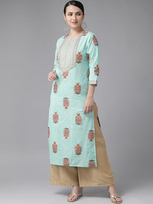 Yufta Women Floral Printed Thread Work Pure Cotton Kurta
