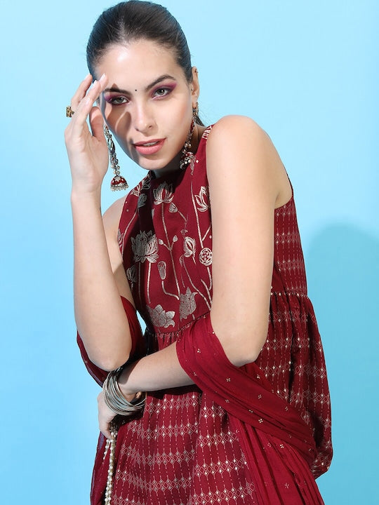 Vishudh Women Red Floral Embroidered Panelled Kurti with Sharara & With Dupatta