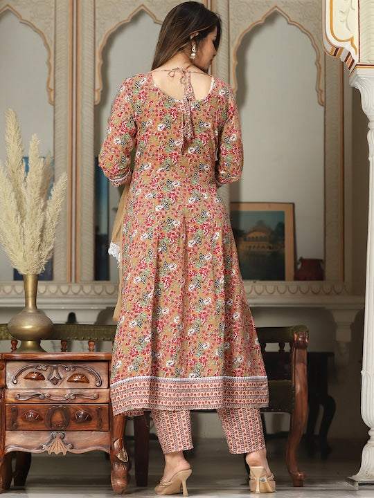 Singni Floral Printed Mirror Work Anarkali Kurta With Trousers & Dupatta