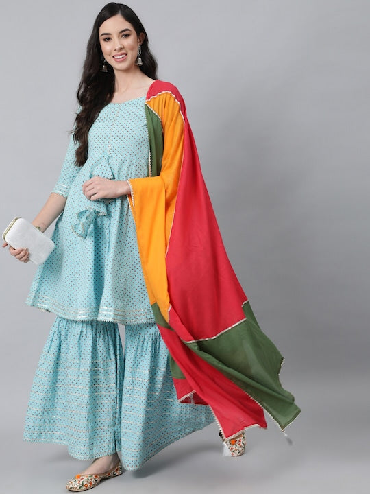 Anubhutee Women Blue Empire Pure Cotton Kurta with Sharara & With Dupatta