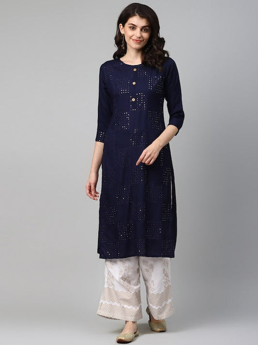 Yufta Women Navy Blue & White Solid Kurta with Palazzos