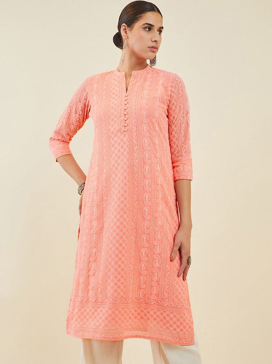 Soch Peach Coloured Ethnic Motifs Embroidered Mandarin Collar Georgette Kurta