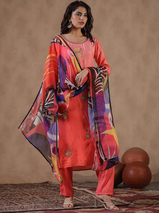Scakhi Floral Embroidered Gotta Patti Kurta With Trousers & Dupatta