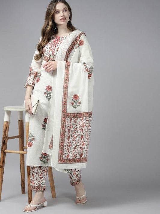 Yufta Women White Floral Printed Regular Pure Cotton Kurta with Trousers & With Dupatta