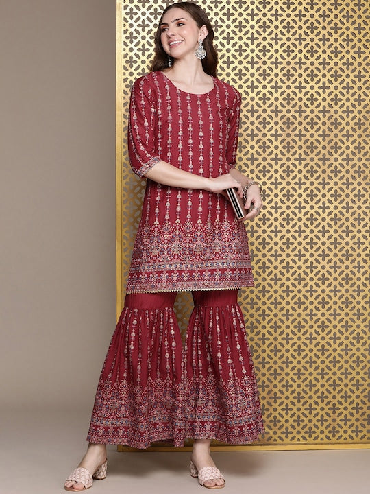 House of Pataudi Women Jashn Ethnic Motifs Printed Regular Kurti With Sharara