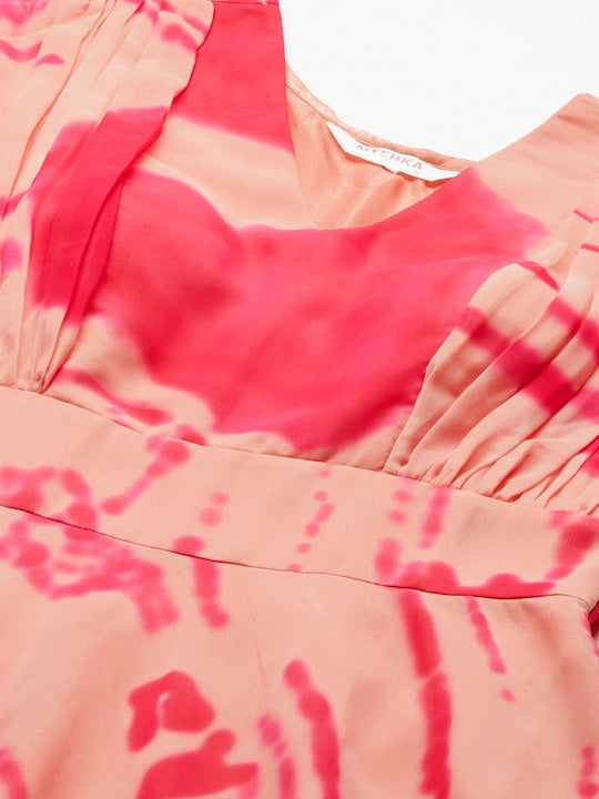 Myshka Peach-Coloured & Pink Tie and Dye Georgette Maxi Dress