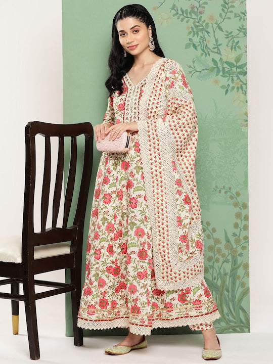 Yufta Women Floral Printed Regular Pure Cotton Kurta with Trousers & Dupatta