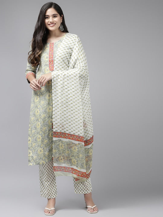 Yufta Women Sea Green Floral Printed Gotta Patti Pure Cotton Kurta with Trousers & With Dupatta - S