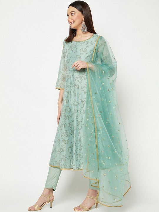IMARA Floral Printed Embroidered Sequinned Anarkali Kurta with Churidar & Dupatta