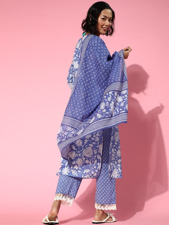 Yufta Women Blue Floral Printed Pure Cotton Kurta with Trousers & With Dupatta