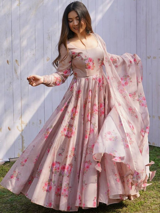 Fusionic Floral Printed Boat Neck Ethnic Dresses With Dupatta