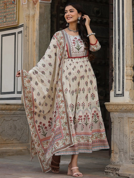 Juniper Beige & Red Floral Printed Cotton Ethnic Dress With Dupatta
