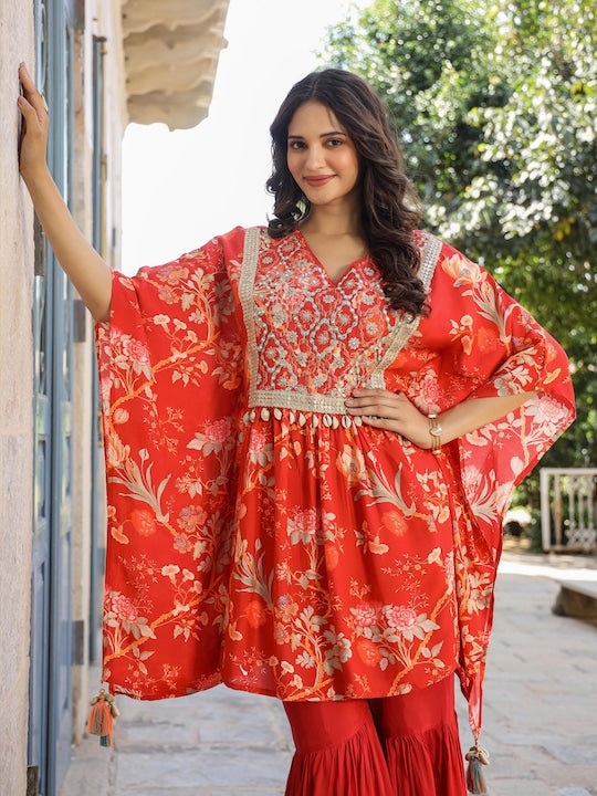 Scakhi Floral Printed V-Neck Pleated Mirror Work Kaftan Kurta With Sharara