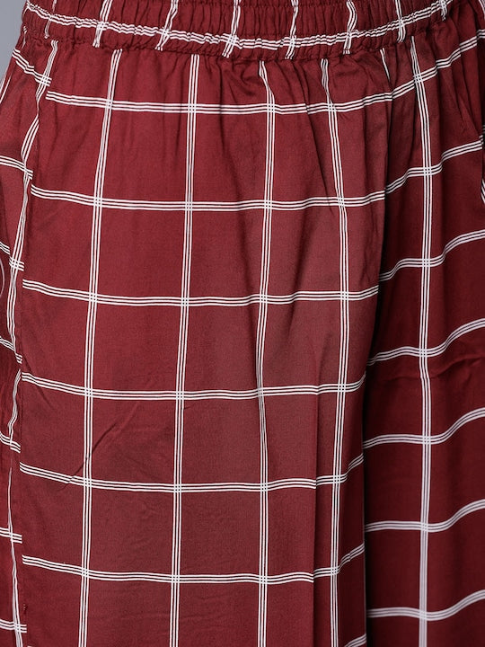 Vishudh Women Maroon Checked Kurta with Palazzos