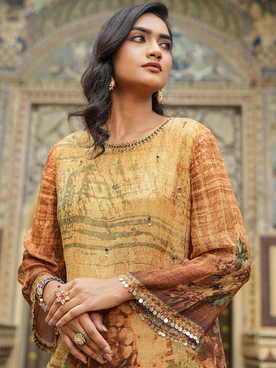 SCAKHI Floral Printed Beads Flared Sleeves A-Line Kurta With Trousers & Dupatta