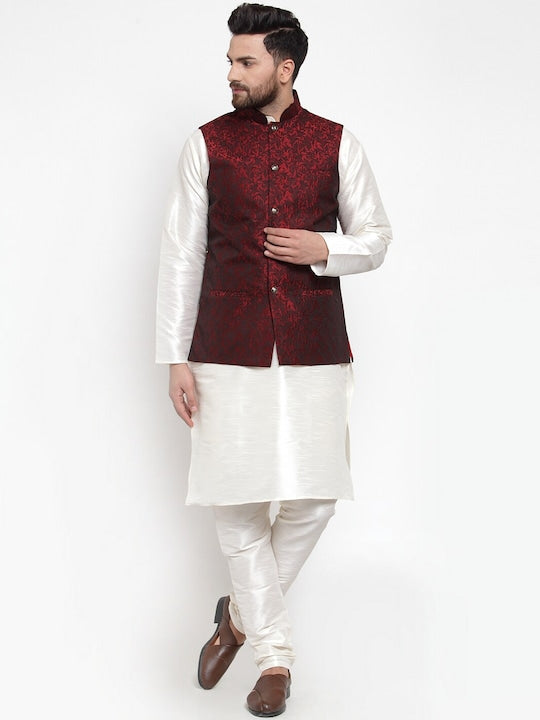 Jompers Men Maroon Floral Woven Design Jacquard Embellished Nehru Jacket