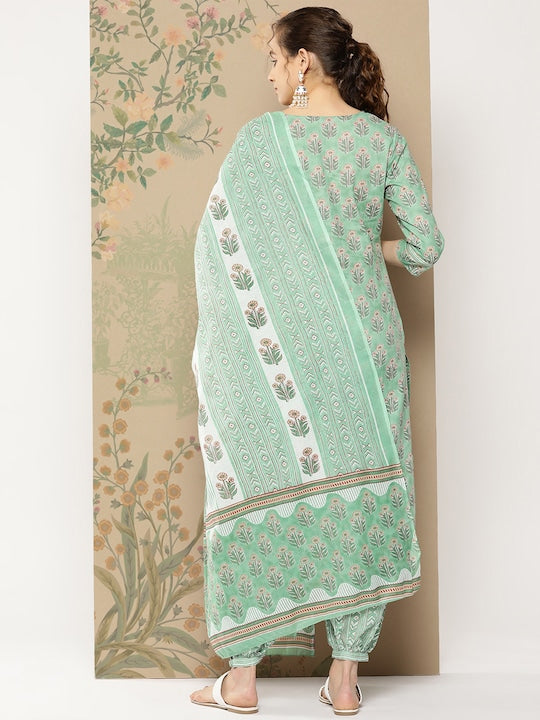 Yufta Women Sea Green Floral Printed Regular Pure Cotton Kurta with Harem Pants & With Dupatta