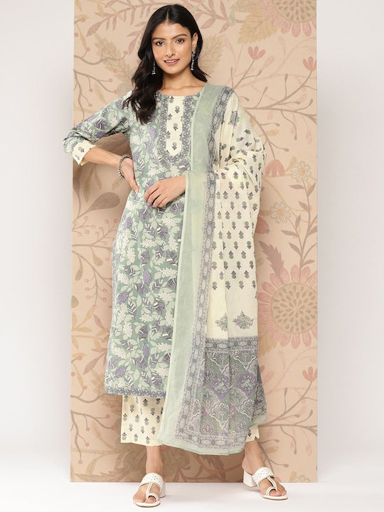 Yufta Women Floral Printed Regular Pure Cotton Kurta with Trousers & With Dupatta -XXL