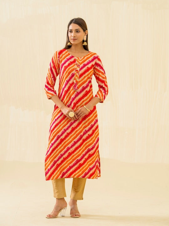 House of Pataudi Orange Striped Round Neck Gotta Patti Straight Kurta