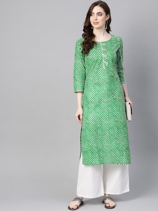 Yufta Women Green & Off-White Leheriya Dyed Straight Kurta Green