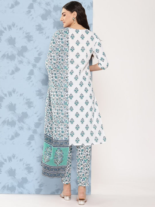Yufta Women Ethnic Motifs Printed Pure Cotton Kurta with Trousers & Dupatta