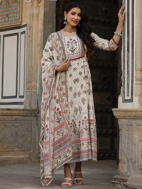 Juniper Beige & Red Floral Printed Cotton Ethnic Dress With Dupatta