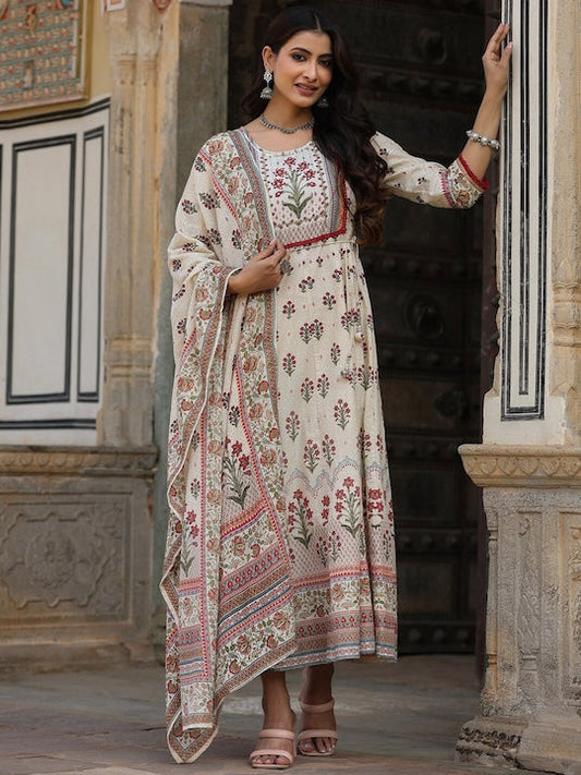 Juniper Beige & Red Floral Printed Cotton Ethnic Dress With Dupatta