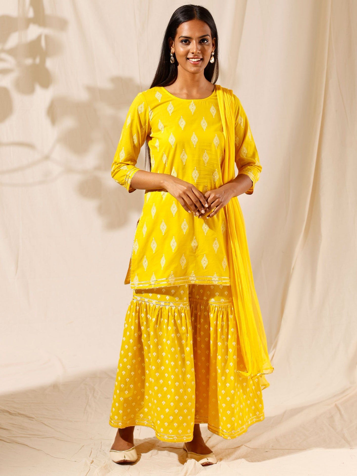 Likha Yellow Short Kurta Sharara Dupatta LIKSKD19 (Set of 3) - M