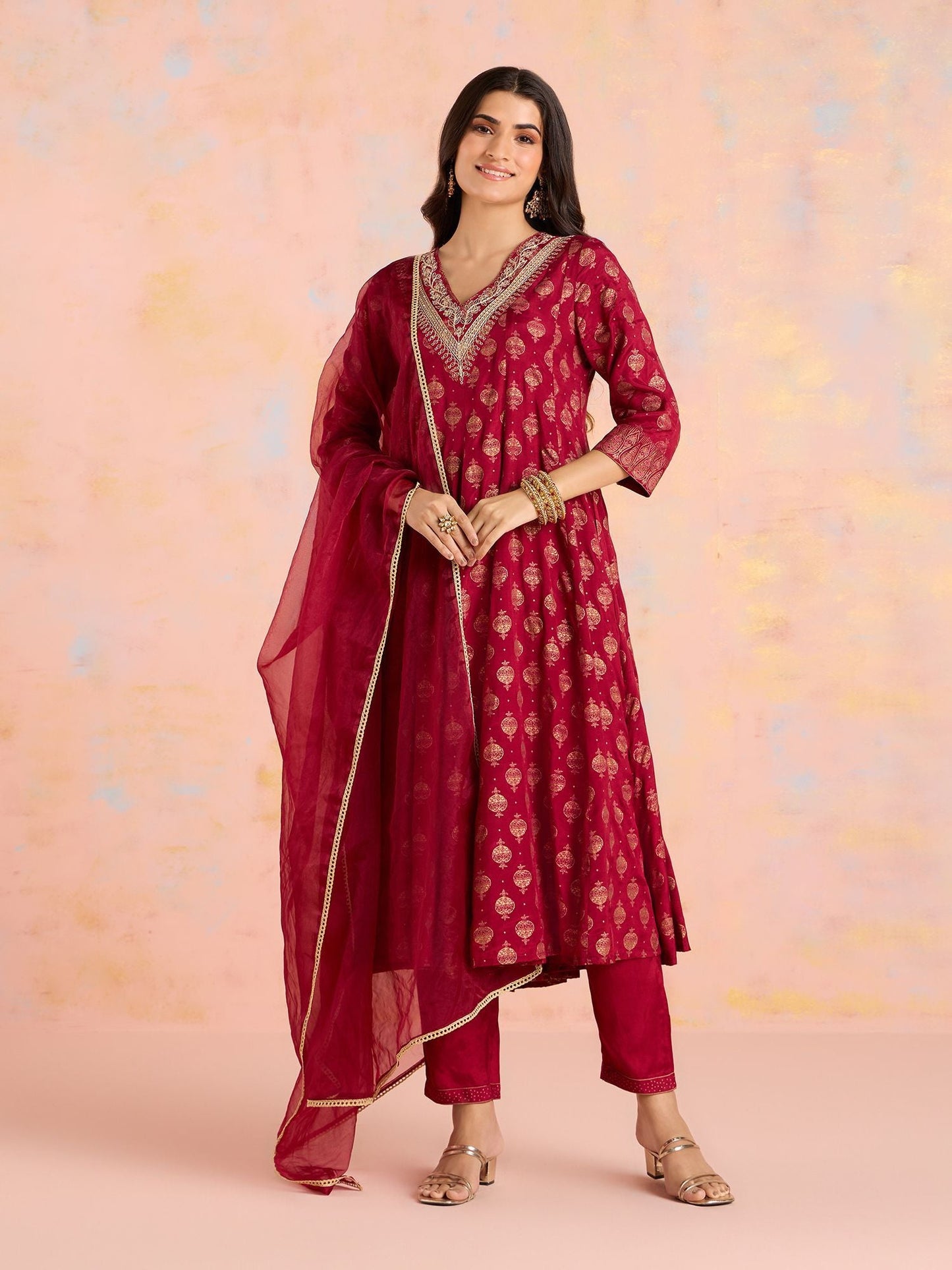 Likha Maroon Diwa Dazzle Shantoon Gold Printed Kurta Pant & Dupatta LIKSKD307 (Set of 3)