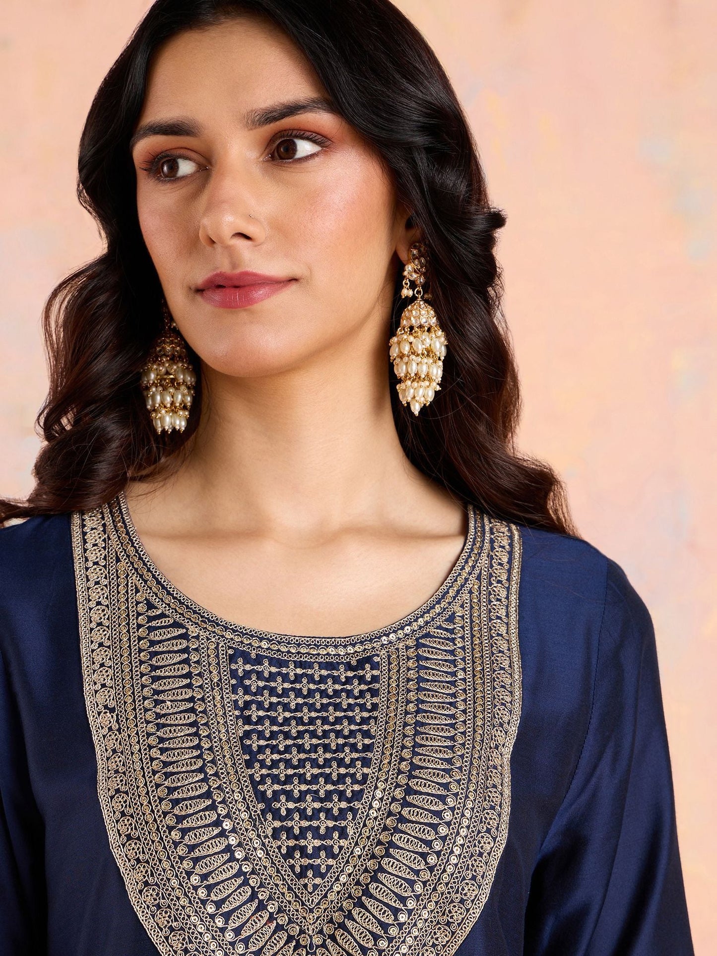 Likha Navy Blue Diwa Dazzle Zari Dori Work Kurta Pant & Dupatta LIKSKD308 (Set of 3)