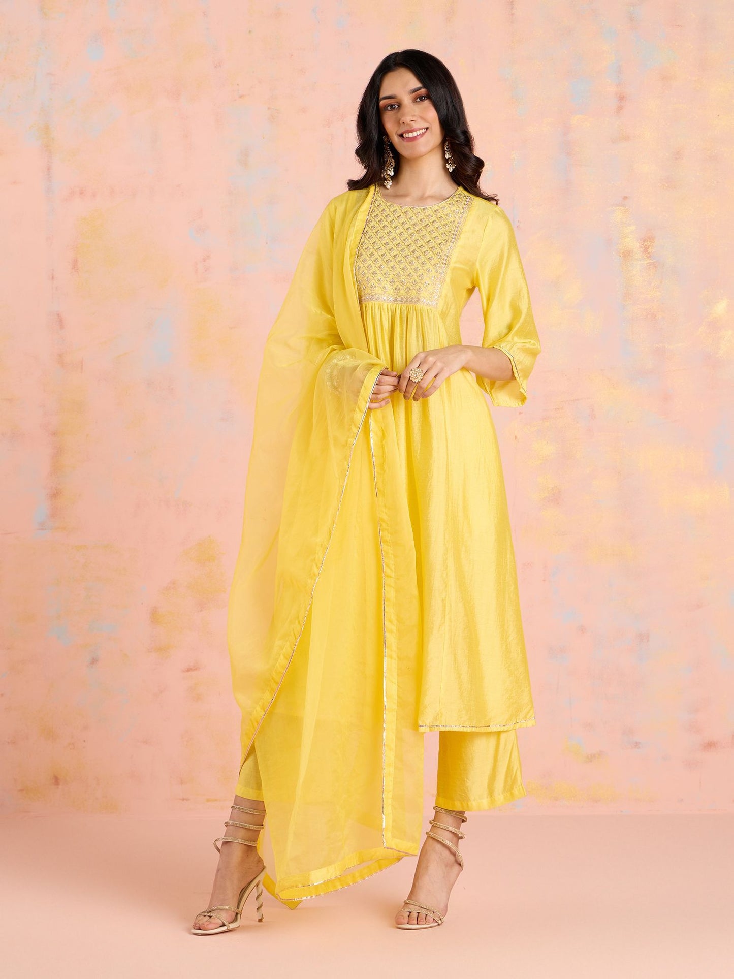 Likha Yellow Garden Groove Chanderi Embroidered Kurta Pant & Dupatta LIKSKD303 (Set of 3)