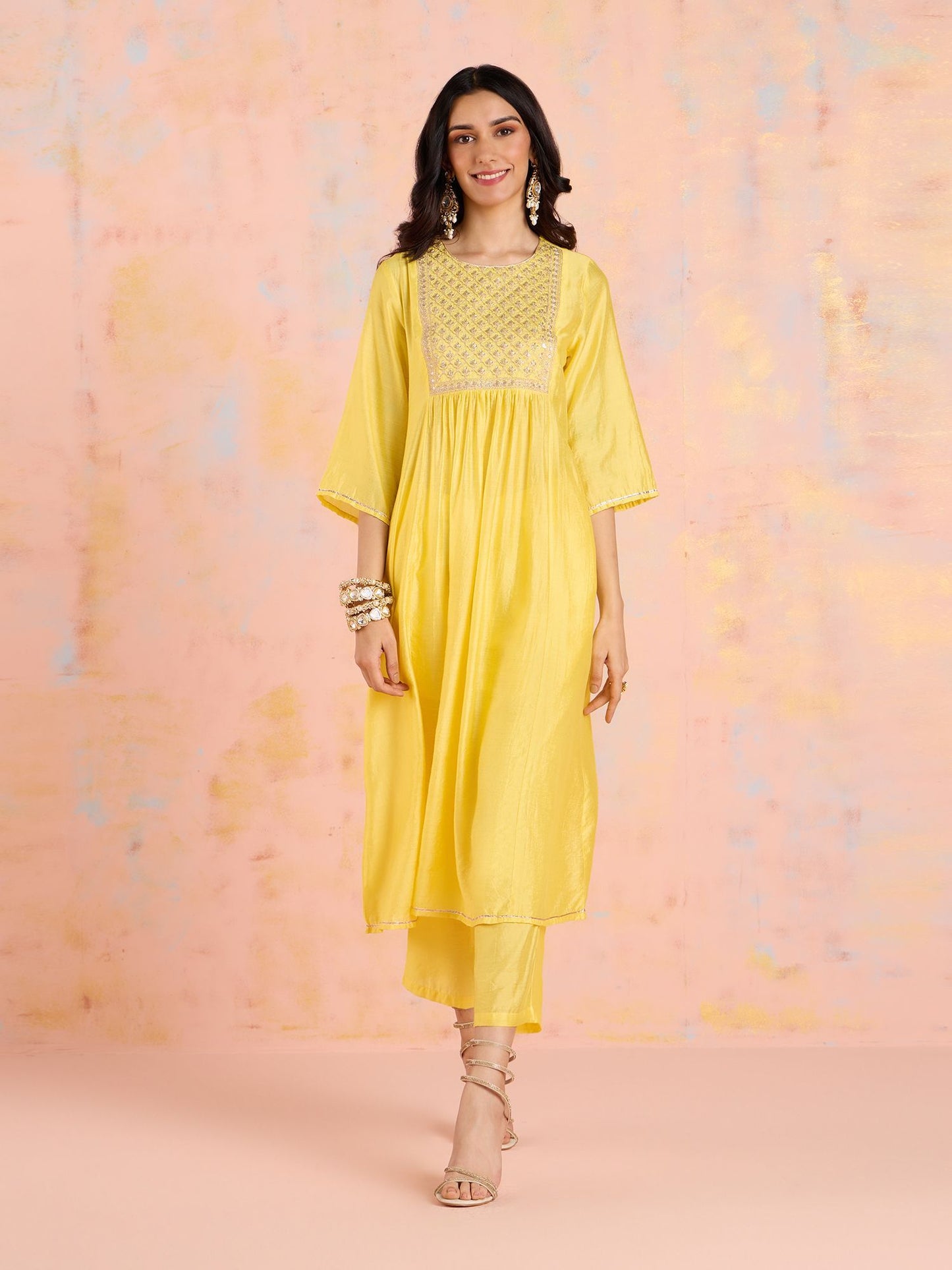 Likha Yellow Garden Groove Chanderi Embroidered Kurta Pant & Dupatta LIKSKD303 (Set of 3)