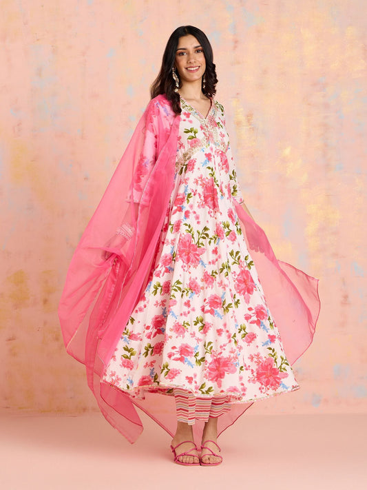 Likha White Garden Groove Floral Printed Kurta Pant & Dupatta LIKSKD304 (Set of 3)