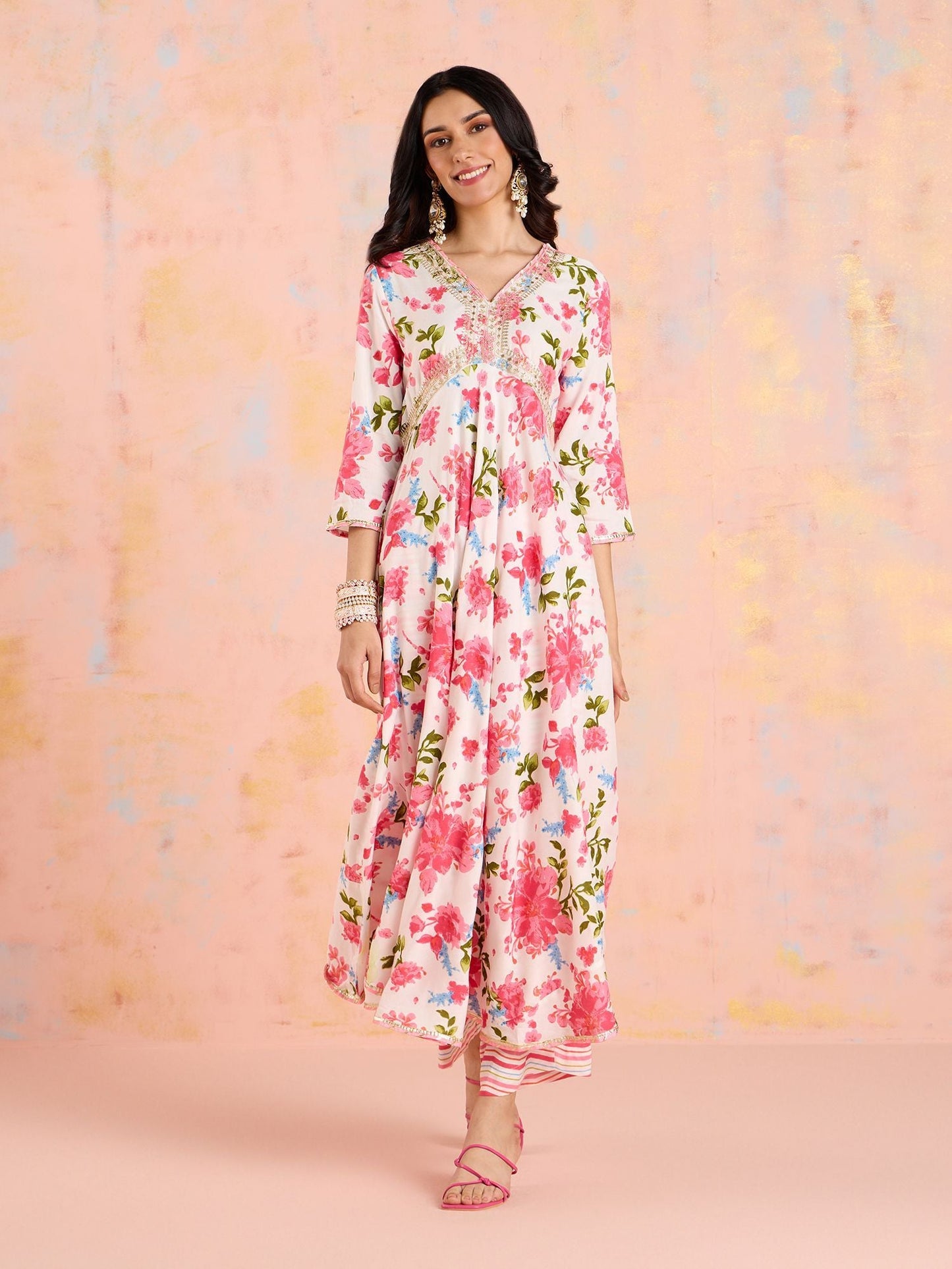 Likha White Garden Groove Floral Printed Kurta Pant & Dupatta LIKSKD304 (Set of 3)