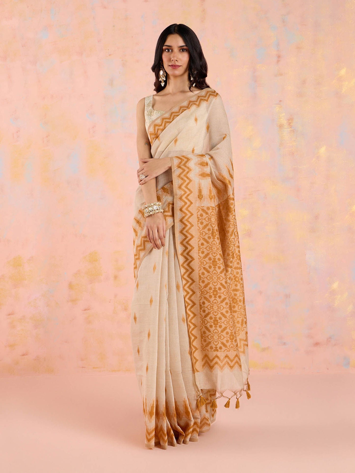 Likha Mustard Karigar Korner Cotton Jacquard Saree with Unstitched Blouse LIKKKPET02