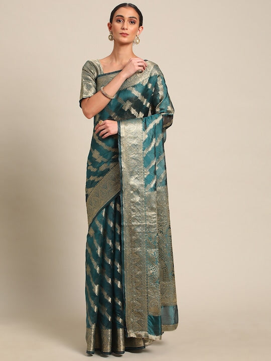 All about you Teal & Gold-Toned Floral Woven Design Zari Organza Saree