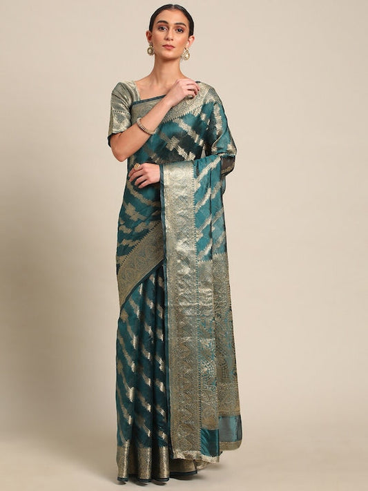 All about you Teal & Gold-Toned Floral Woven Design Zari Organza Saree
