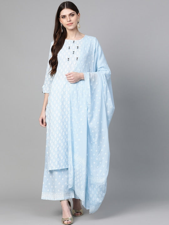 Yufta Women Blue & White Printed Kurta with Palazzos & Dupatta