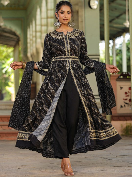 Scakhi Bandhani Printed Thread Work Kurta with Trousers & With Dupatta